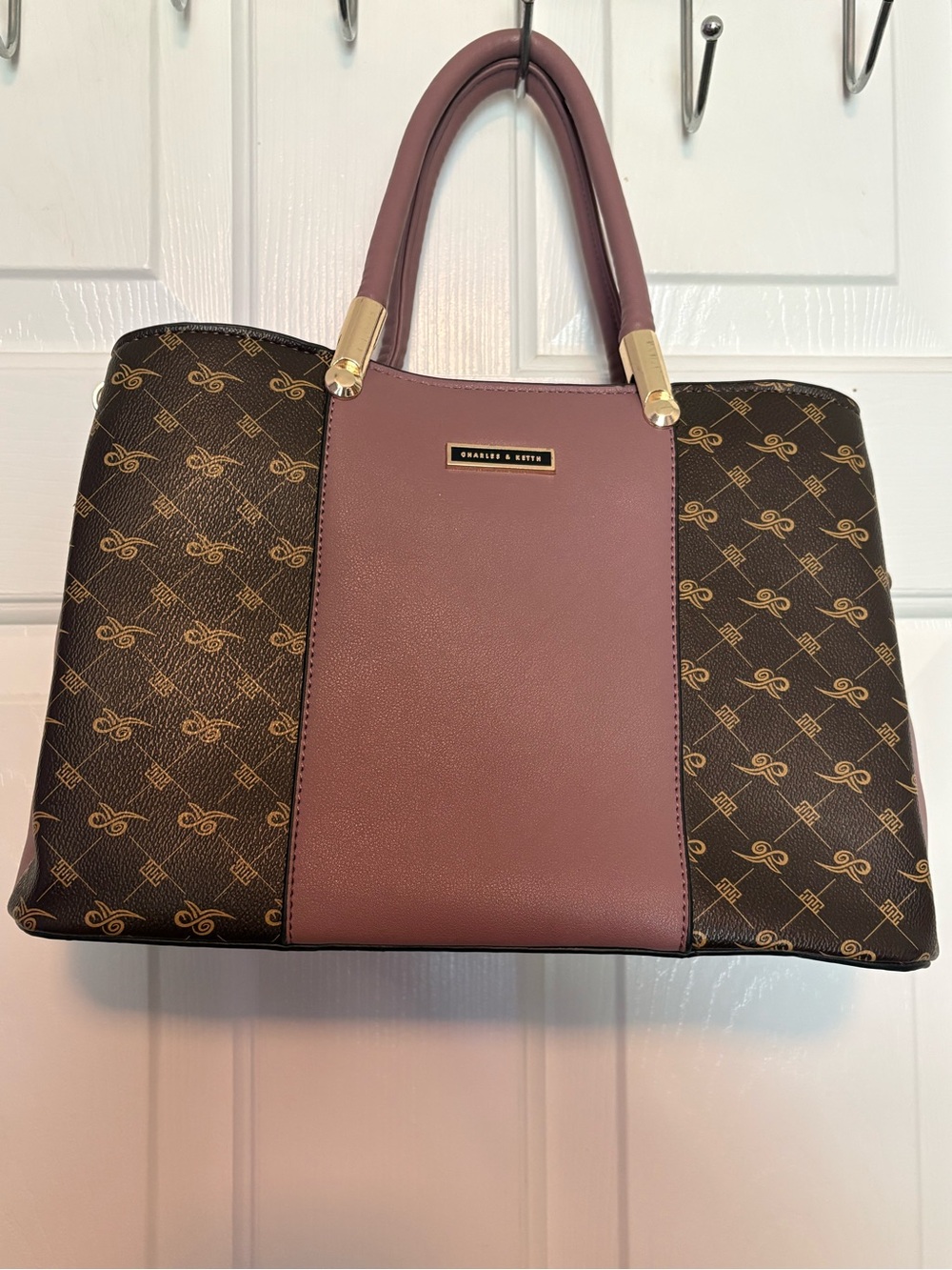 Charles & Keith Mauve and Brown Logo-Panel Satchel